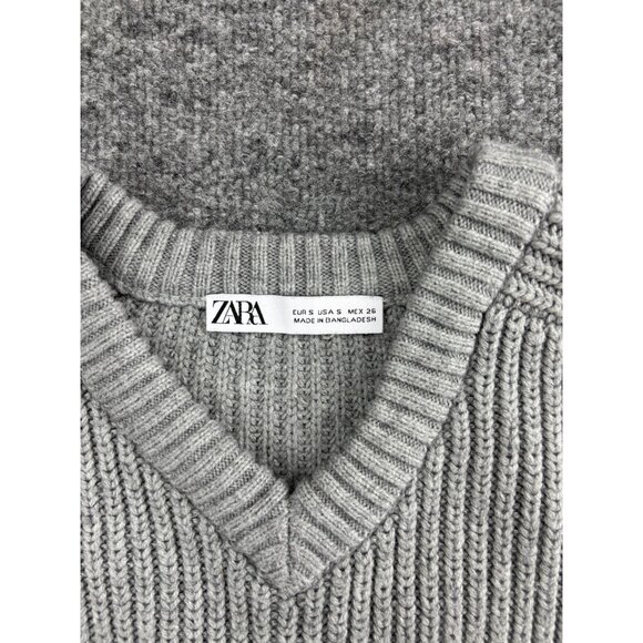 Zara Sweater Women's S Gray Cable Knit Wool Blend V Neck Pullover Side Slits - Picture 2 of 7